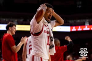 Nebraska Cornhusker guard Jamarques Lawrence (10) reacts to another three-pointer extending the lead over BYU during a college basketball game, Saturday, October 18th, 2025, in Lincoln, Nebraska. Photo by Braden Cochran.