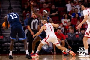BYU Cougar forward AJ Dybansta (3) calls for the ball against Sam Hoiberg (1) during a college basketball game, Saturday, October 18th, 2025, Lincoln, Nebraska. Photo by Braden Cochran.