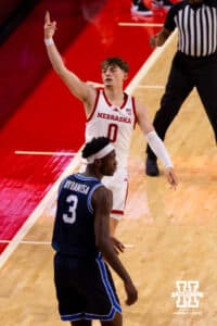 Nebraska guard Connor Essegian (0) celebrates after another three pointer during a college basketball game, Saturday, October 18th, 2025, Lincoln, Nebraska. Photo by Braden Cochran.