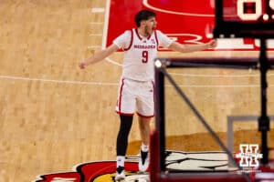 Nebraska's Berke Buyukytuncel (9) celebrates after a three pointer during a college basketball game, Saturday, October 18th, 2025, Lincoln, Nebraska. Photo by Braden Cochran.