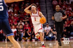 Nebraska's Sam Hoiberg (1) calls out the play to run to his teammates during a college basketball game, Saturday, October 18th, 2025, Lincoln, Nebraska. Photo by Braden Cochran.