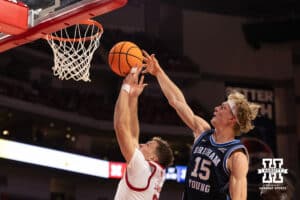 BYU's Richie Saunders (15) blocks a shot attemot by Cale Jacobsen (31) during a college basketball game, Saturday, October 18th, 2025, Lincoln, Nebraska. Photo by Braden Cochran.