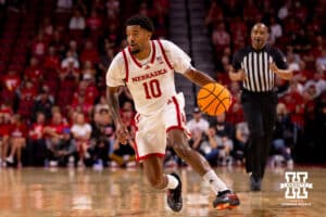 Nebraska guard Jamarques Lawrence (10) breaks up court toward the basket during a college basketball game, Saturday, October 18th, 2025, Lincoln, Nebraska. Photo by Braden Cochran.