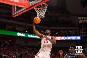 Nebraska's Jared Garcia (15) jumps for a breakaway layup during a college basketball game, Saturday, October 18th, 2025, Lincoln, Nebraska. Photo by Braden Cochran.