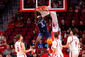 BYU Freshman AJ Dybansta (3) brings a dunk down during a college basketball game, Saturday, October 18th, 2025, Lincoln, Nebraska. Photo by Braden Cochran.