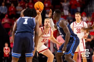 Nebraska Cornhusker Rienk Mast (51) prepares for the tip off against BYU during a college basketball game, Saturday, October 18th, 2025, Lincoln, Nebraska. Photo by Braden Cochran.