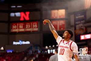 Nebraska Cornhusker guard Jamarques Lawrence takes a shot from the corner during warm-ups before a college basketball game against BYU on Saturday, October 18th, 2025, in Lincoln, Nebraska. Photo by Braden Cochran.