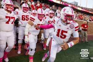 Nebraska Cornhusker head coach Matt Rhule leads the team out for warm-ups during a college football game against the Minnesota Golden Gophers on Friday, October 17, 2025, in Minneapolis, Minnesota. Photo by John S. Peterson.