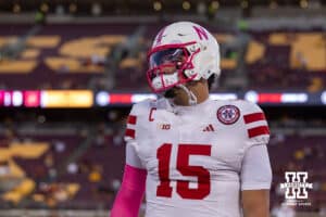 Nebraska Cornhusker quarterback Dylan Raiola (15) facemask is pink for cancer awareness during a college football game against the Minnesota Golden Gophers on Friday, October 17, 2025, in Minneapolis, Minnesota. Photo by John S. Peterson.