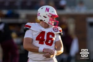 Nebraska Cornhusker long snapper Kevin Gallic (46) pink facemask for cancer awareness during a college football game Minnesota Golden Gophers on Friday, October 17, 2025, in Minneapolis, Minnesota. Photo by John S. Peterson.