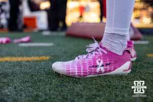 Nebraska Cornhusker defensive back Amare Sanders (14) pink shoes for cancer awareness during a college football game against the Minnesota Golden Gophers on Friday, October 17, 2025, in Minneapolis, Minnesota. Photo by John S. Peterson.