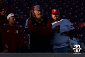 Nebraska Cornhuskers fans watching warm-ups before the college football game against the Minnesota Golden Gophers on Friday, October 17, 2025, in St. Paul, Minnesota. Photo by John S. Peterson.