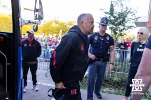 Nebraska Cornhusker head coach Matt Rhule steps off the team bus before the college football game against the Minnesota Golden Gophers on Friday, October 17, 2025, in Minneapolis, Minnesota. Photo by John S. Peterson.