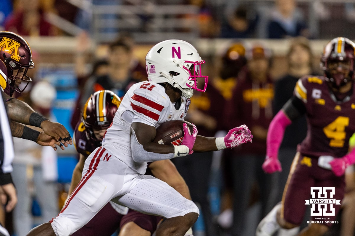 Nebraska Cornhusker running back Emmett Johnson (21) runs with the ball against the Minnesota Golden Gophers during a college football game on Friday, October 17, 2025, in Minneapolis, Minnesota. Photo by John S. Peterson.