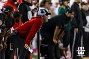 Nebraska Cornhuskers defensive coordinator John Butler watching the action on the field against the Minnesota Golden Gophers during a college football game on Friday, October 17, 2025, in Minneapolis, Minnesota. Photo by John S. Peterson.
