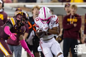 Nebraska Cornhusker wide receiver Nyziah Hunter (13) drops a pass against Minnesota Golden Gopher defensive back Za'Quan Bryan (4) during a college football game on Friday, October 17, 2025, in Minneapolis, Minnesota. Photo by John S. Peterson.