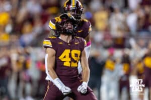 Minnesota Golden Gopher linebacker Matt Kingsbury (49) celebrates his sack against the Nebraska Cornhuskers during a college football game on Friday, October 17, 2025, in Minneapolis, Minnesota. Photo by John S. Peterson.