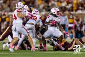 Nebraska Cornhusker wide receiver Kenneth Williams (32) switching directions running with the ball against the Minnesota Golden Gophers during a college football game on Friday, October 17, 2025, in Minneapolis, Minnesota. Photo by John S. Peterson.