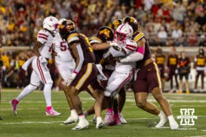 Nebraska Cornhusker running back Emmett Johnson (21) runs with the ball against the Minnesota Golden Gophers during a college football game on Friday, October 17, 2025, in Minneapolis, Minnesota. Photo by John S. Peterson.