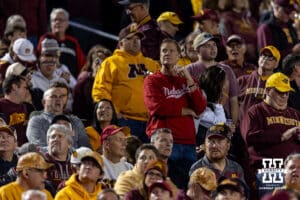 Nebraska Cornhuskers fan reacts to the play on the field against the Minnesota Golden Gophers during a college football game on Friday, October 17, 2025, in Minneapolis, Minnesota. Photo by John S. Peterson.