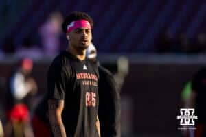 Nebraska Cornhusker wide receiver Keelan Smith (85) warming up to take on the Minnesota Golden Gophers during a college football game on Friday, October 17, 2025, in Minneapolis, Minnesota. Photo by John S. Peterson.