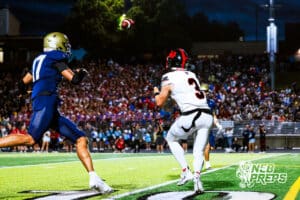 Westside's Eli Johnson (3) catches the ball for a huge gain and touchdown on a trick play during a high school football game @ Elkhorn South on Friday, October 10, 2025, in Omaha, Nebraska. Photo By Jack R. Stephens.
