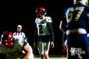 Westside's Braylen Warren (2) is making sure everyone is set before starting play during a high school football game at Elkhorn South on Friday, October 10, 2025, in Omaha, Nebraska. Photo By Jack R. Stephens.