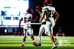 Westside's TayTay Jenkins (6) is celebrating with teammates after running it in for a touchdown during a high school football game @ Elkhorn South on Friday, October 10, 2025, in Omaha, Nebraska. Photo By Jack R. Stephens.