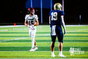 Westside's Andrew Tagge (15) is getting set before play during a high school football game @ Elkhorn South on Friday, October 10, 2025, in Omaha, Nebraska. Photo By Jack R. Stephens.