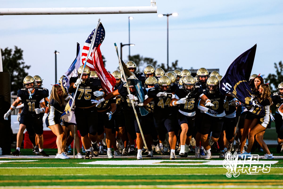 02_JRS20251010_FB_ElkhornSouth_v_Westside_0226 Elkhorn South running out as a team before a high school football game VS Westside on Friday, October 10, 2025, in Omaha, Nebraska. Photo By Jack R. Stephens.