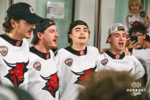 The Omaha Mavericks sing the fight song after winning a college hockey game against Minnesota State on Friday, October 10, 2025, in Omaha, Nebraska. Photo by Dawson Anderson.