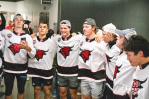 The Omaha Mavericks sing the fight song after winning a college hockey game against Minnesota State on Friday, October 10, 2025, in Omaha, Nebraska. Photo by Dawson Anderson.