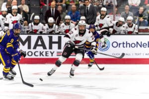 Omaha Maverick Aidan de La Gorgendiere (22) keeps his eye on the puck during a college hockey game against Minnesota State on Friday, October 10, 2025, in Omaha, Nebraska. Photo by Dawson Anderson.