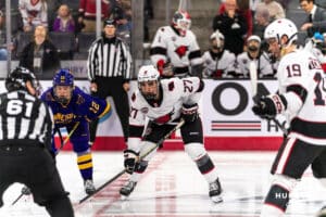 Omaha Maverick Joel Plante (27) focuses on the puck before a face-off during a college hockey game against Minnesota State on Friday, October 10, 2025, in Omaha, Nebraska. Photo by Dawson Anderson.