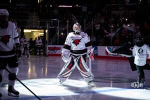 Omaha Maverick Simon Latkoczy (30) announced as a starter before a college hockey game Friday, October 10, 2025, in Omaha, Nebraska. Photo by Dawson Anderson.