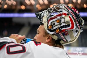 Omaha Maverick Simon Latkoczy's (30) new goalie helmet before a college hockey game Friday, October 10, 2025, in Omaha, Nebraska. Photo by Dawson Anderson.