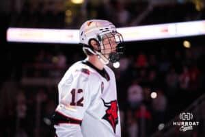 Omaha Maverick Luke Woodworth (12) announced as a starter before a college hockey game Friday, October 10, 2025, in Omaha, Nebraska. Photo by Dawson Anderson.