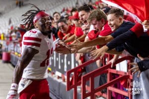 Nebraska Cornhusker wide receiver Nyziah Hunter (13) giving five to the fans after the win over the Maryland Terrapins during a college football game on Saturday, October 11, 2025, in College Park, MD. Photo by John S. Peterson.