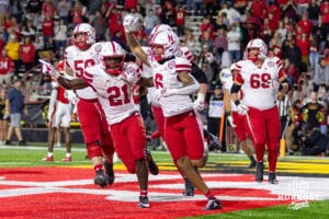 Nebraska Cornhusker wide receiver Dane Key (6) celebraes his touchdown with the Huskers in the fourth quarter against the Maryland Terrapins during a college football game on Saturday, October 11, 2025, in College Park, MD. Photo by John S. Peterson.