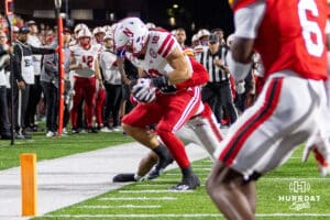 Nebraska Cornhusker tight end Heinrich Haarberg (10) makes a catch and stays inbounds against the Maryland Terrapins in the fourth quarter during a college football game on Saturday, October 11, 2025, in College Park, MD. Photo by John S. Peterson.
