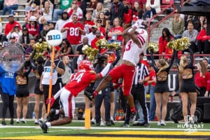 Nebraska Cornhusker wide receiver Nyziah Hunter (13) makes a catch for a touchdown against Maryland Terrapin defensive back Jamare Glasker (14) in the second quarter during a college football game on Saturday, October 11, 2025, in College Park, MD. Photo by John S. Peterson.