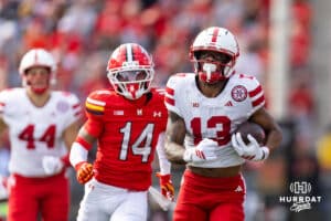 Nebraska Cornhusker wide receiver Nyziah Hunter (13) runs in for a touchdown against the Maryland Terrapins in the first quarter during a college football game on Saturday, October 11, 2025, in College Park, MD. Photo by John S. Peterson.