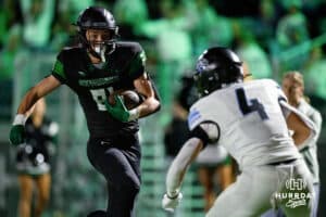 Skutt Junior Lucas Heller (81) gets ready to make a move around a Wolf defender during a High School Football game, Friday, October 10th, 2025, Omaha, Nebraska. Photo by Braden Cochran.