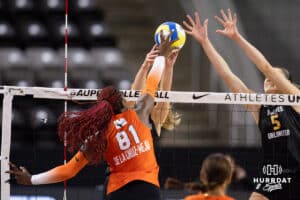 Team Team De La Cruz-Mejia Bethania Team De La Cruz-Mejia (81) spikes the ball against Team Abercrombie during the Athletes Unlimited Volleyball on Monday, October 6, 2025, in Omaha, Nebraska. Photo by John S. Peterson.