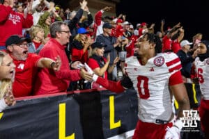 Nebraska Cornhusker linebacker Javin Wright (0) giving fives to the fans after the win over the Maryland Terrapins during a college football on Saturday, October 11, 2025, in College Park, MD. Photo by John S. Peterson.