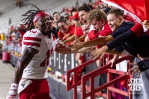 Nebraska Cornhusker wide receiver Nyziah Hunter (13) giving five to the fans after the win over the Maryland Terrapins during a college football on Saturday, October 11, 2025, in College Park, MD. Photo by John S. Peterson.
