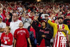 Nebraska Cornhusker fans are celebrating the win over the Maryland Terrapins during a college football game on Saturday, October 11, 2025, in College Park, MD. Photo by John S. Peterson.
