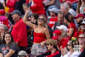 Nebraska Cornhusker fan cheering on the Huskes against the Maryland Terrapins during a college football game on Saturday, October 11, 2025, in College Park, MD. Photo by John S. Peterson.