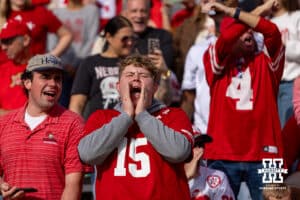 Nebraska Cornhusker fan cheering the Huskers waiting for the college football game against the Maryland Terrapins on Saturday, October 11, 2025, in College Park, MD. Photo by John S. Peterson.