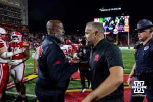 Nebraska Cornhusker head coach Matt Rhule shakes hand with Maryland Terrapin head coach Mike Locksley after the college football game on Saturday, October 11, 2025, in College Park, MD. Photo by John S. Peterson.